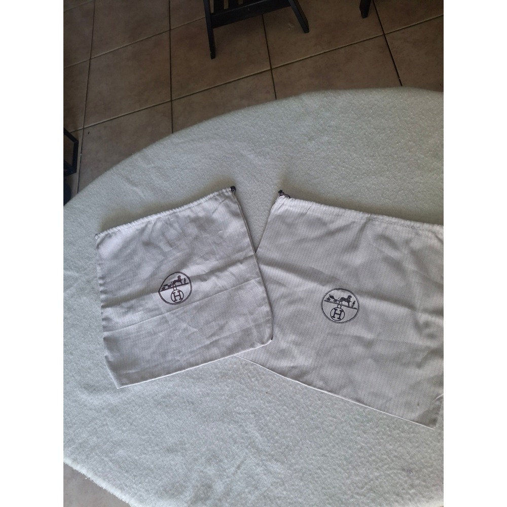 Set of 2 Hermes Herringbone Cotton Drawstring Dust Bags 10.5x10 Beige Logo